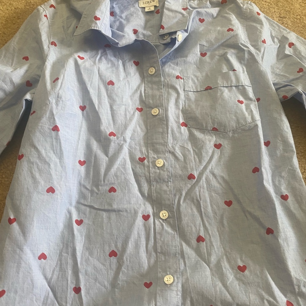 J. Crew Blue and Red Casual Button Down Shirt cute red hearts portofino style - Picture 6 of 8